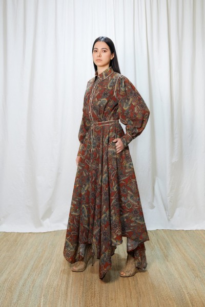 ASYMETRIC TERRACOTTA PAISLEY FOLK DRESS
